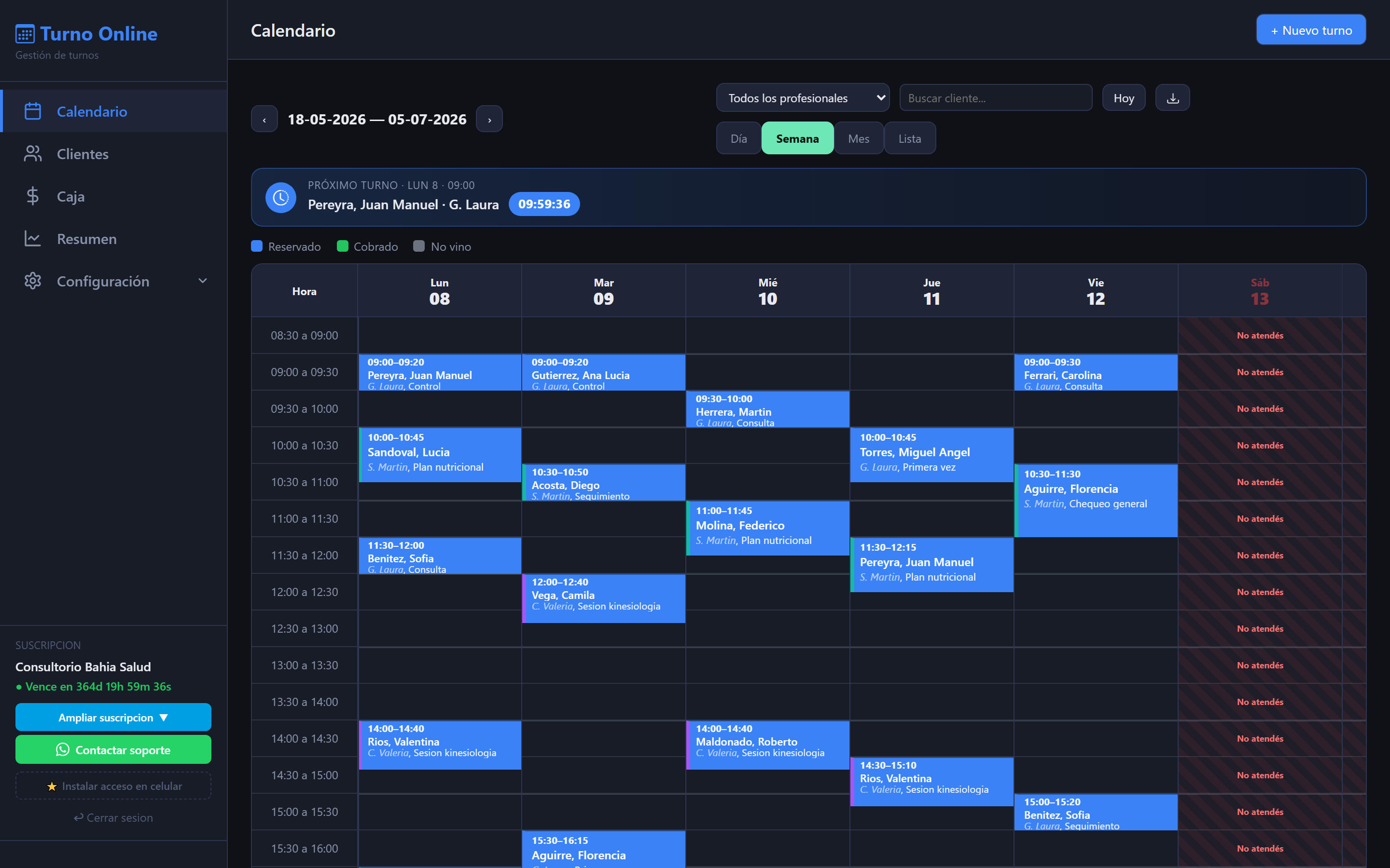 Calendario semanal de turnos