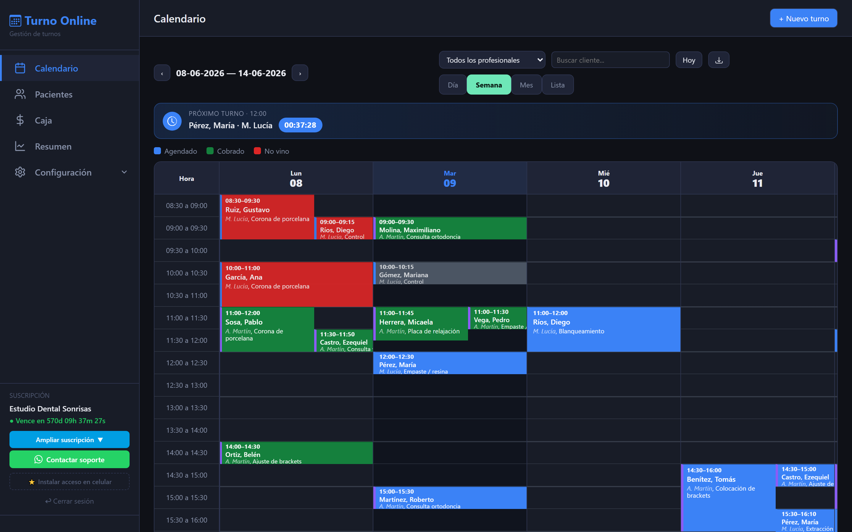 Agenda de turnos de Turno Online: calendario semanal con los turnos en colores por estado