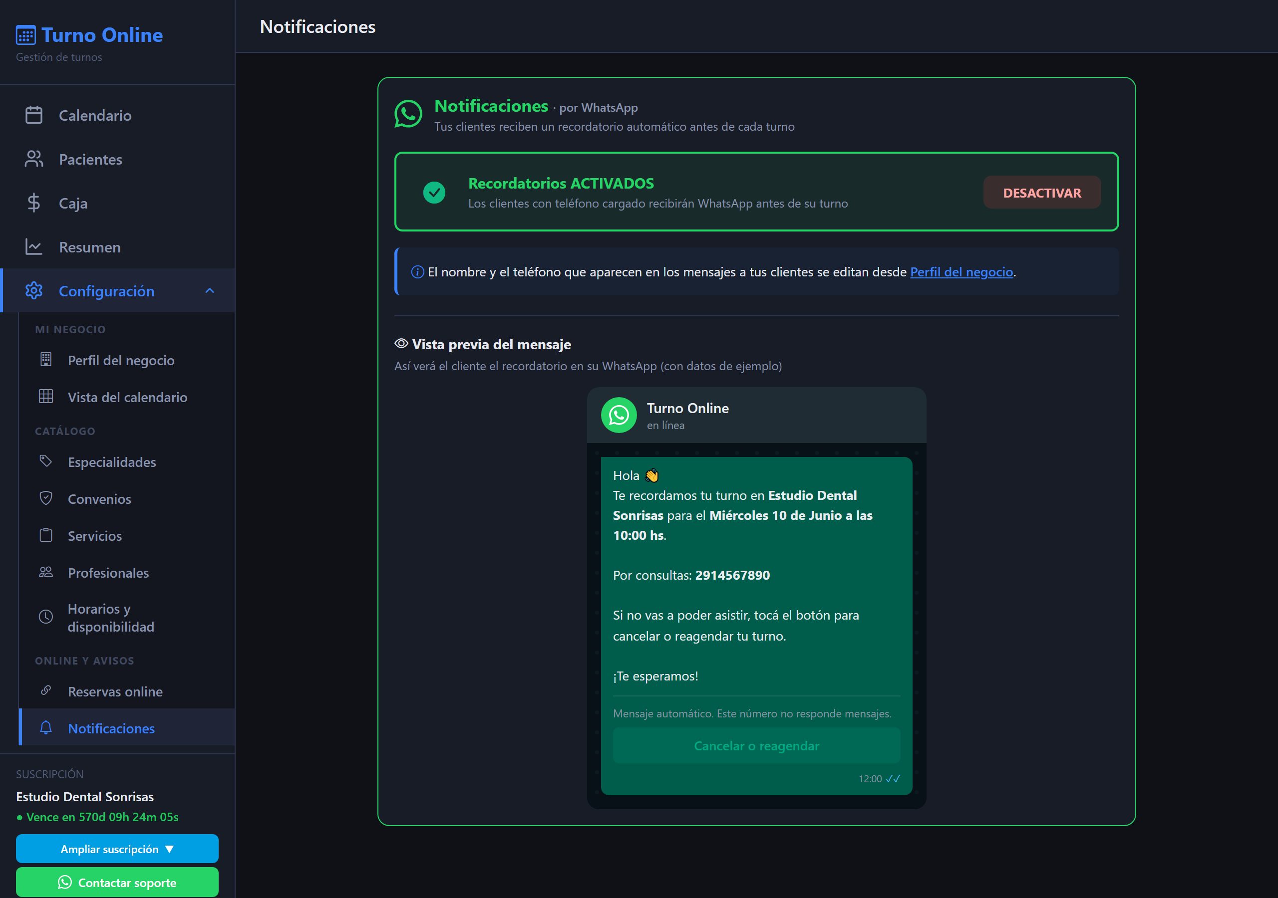 Vista previa del recordatorio automático por WhatsApp
